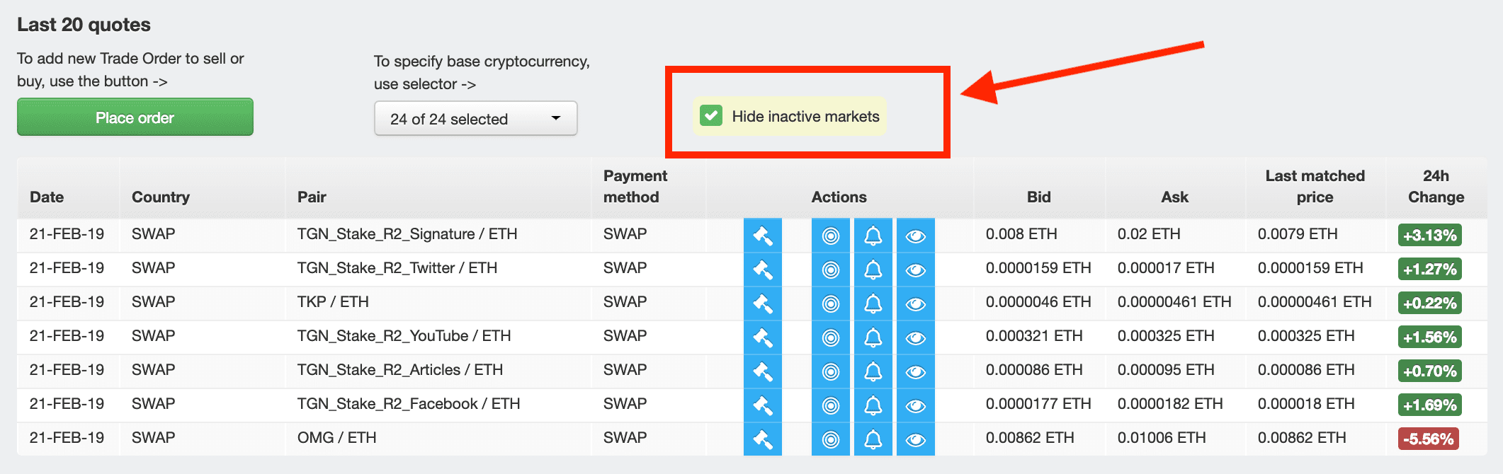 Hide markets on TOKPIE