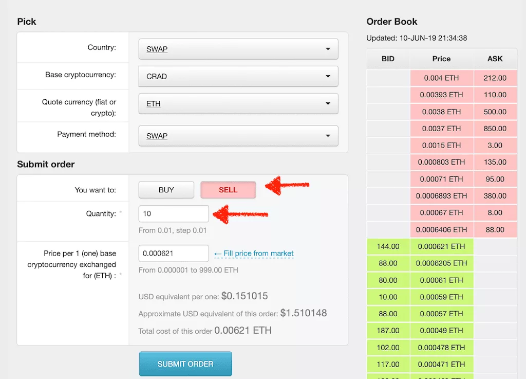 sell CRAD for ETH