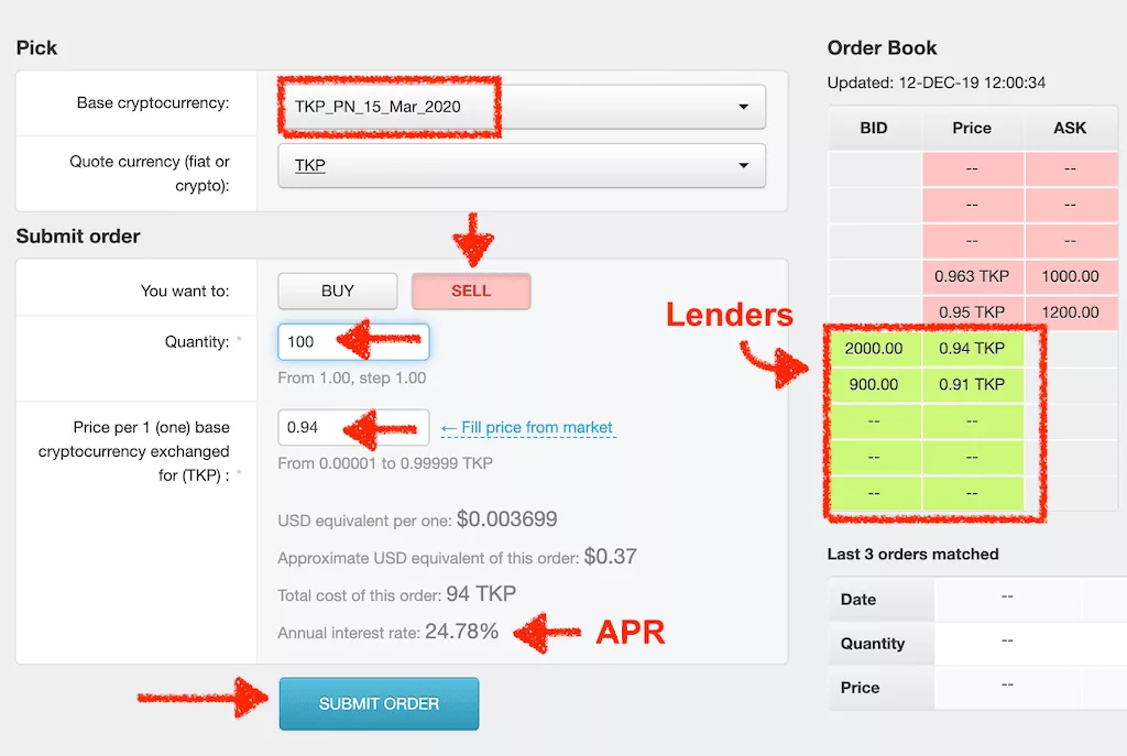 Borrowing TKP token by selling TKP Promissory note in Order Book on Tokpie exchange