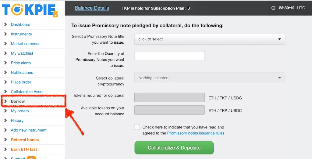Tokpie exchange platform toolbar with a highlighted Borrow section