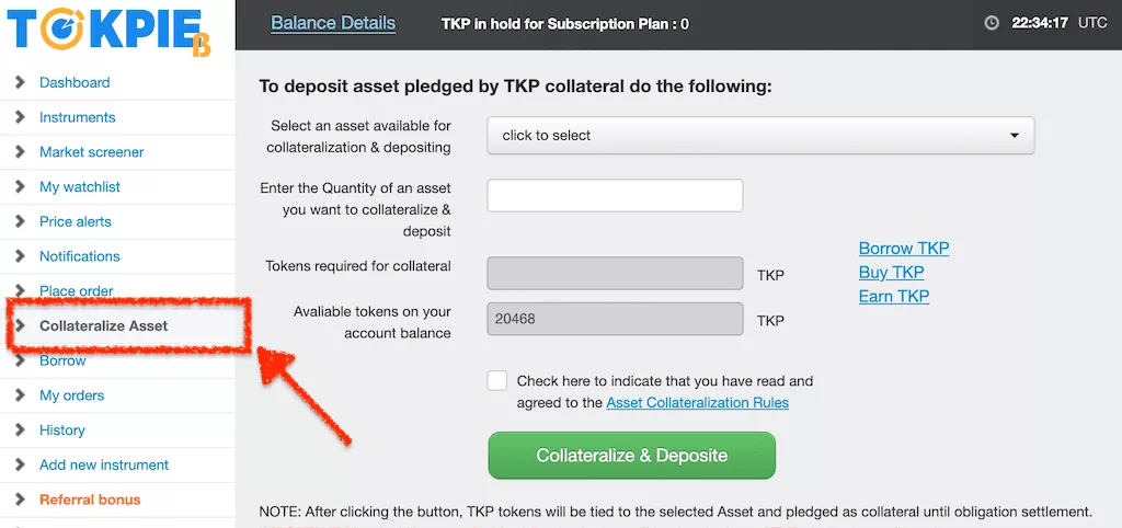 Tokpie exchange platform toolbar with a highlighted Collateralize Asset section
