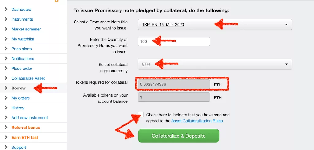 Borrow TKP by issuing TKP Promissory notes on Tokpie exchange