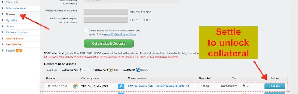 A TKP loan can be settled at any time by clicking on 'settle' button on Tokpie exchange
