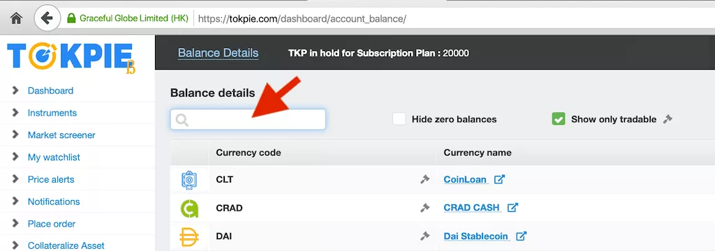 Searching field on balance page