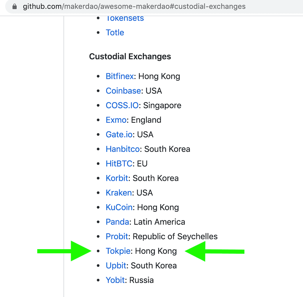 Tokpie custodial exchange for DAI