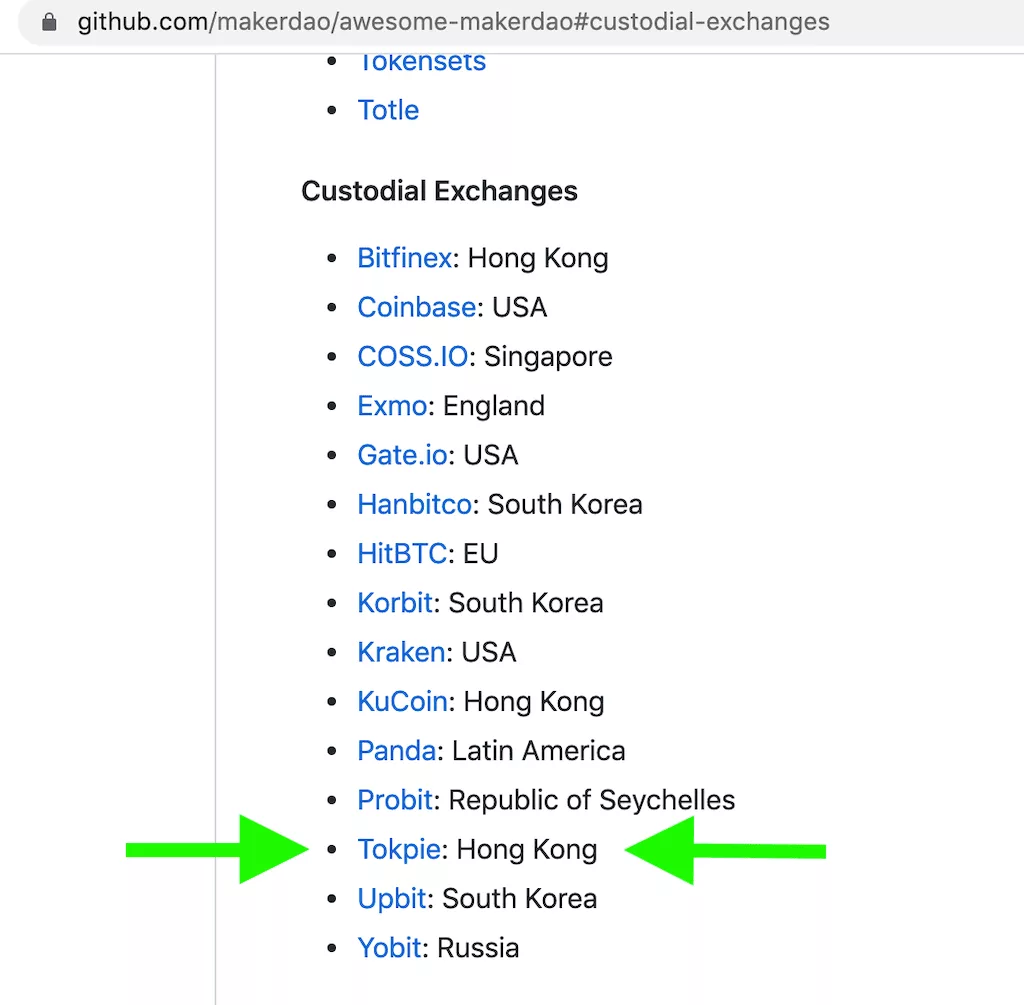Tokpie custodial exchange for DAI