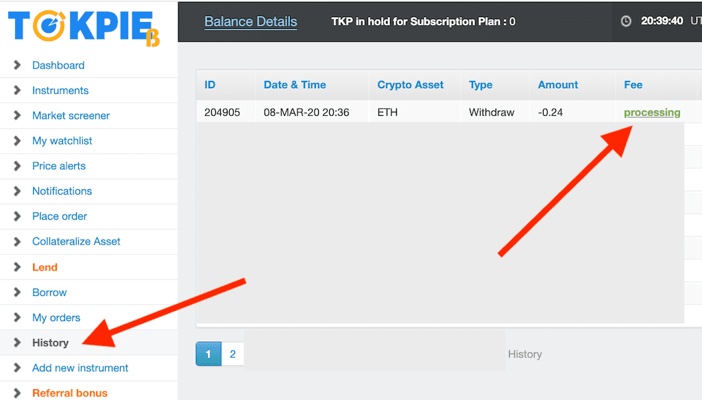 processing of withdrawal on tokpie