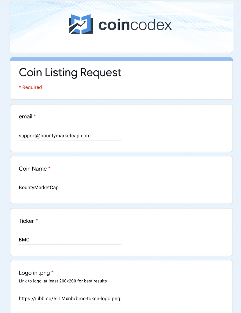 Step 1: Filling Coincodex form