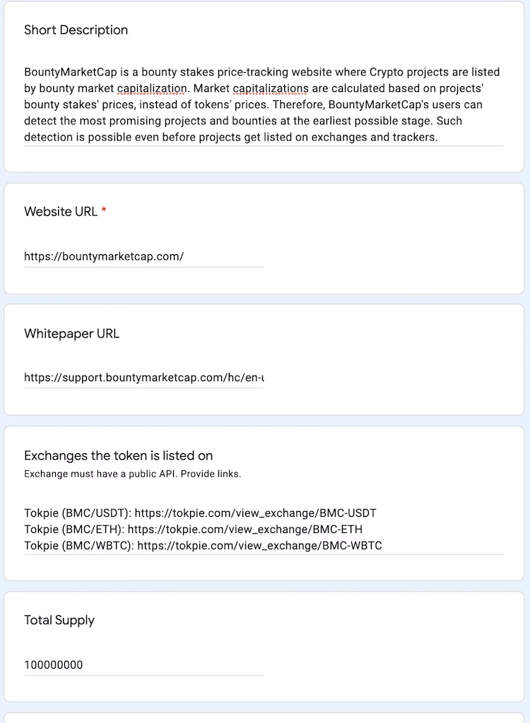 Step 2: Filling Coincodex form