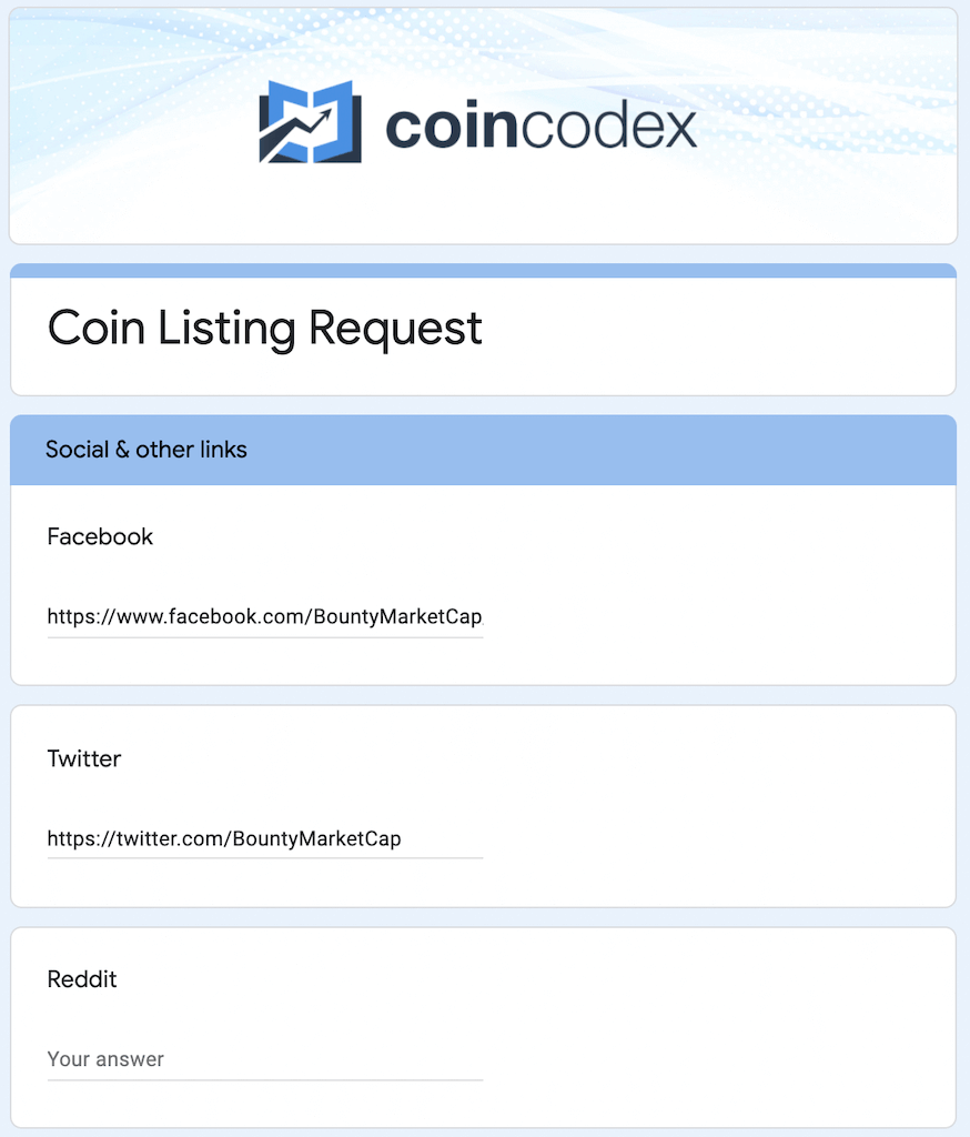 Step 5: Filling Coincodex form