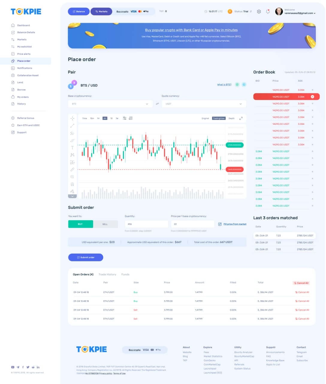 Order book page on Tokpie