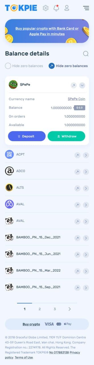 Mobile balance page on Tokpie