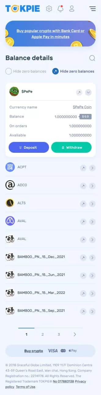 Mobile balance page on Tokpie