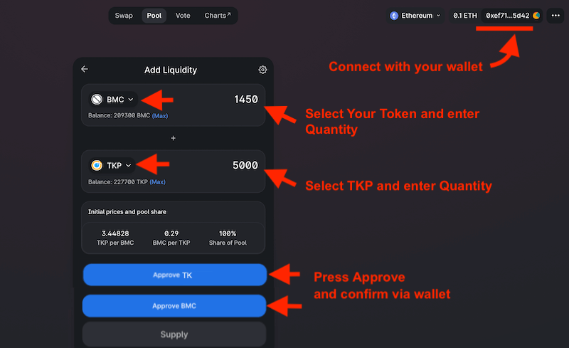 Select tokens and Enter amounts 