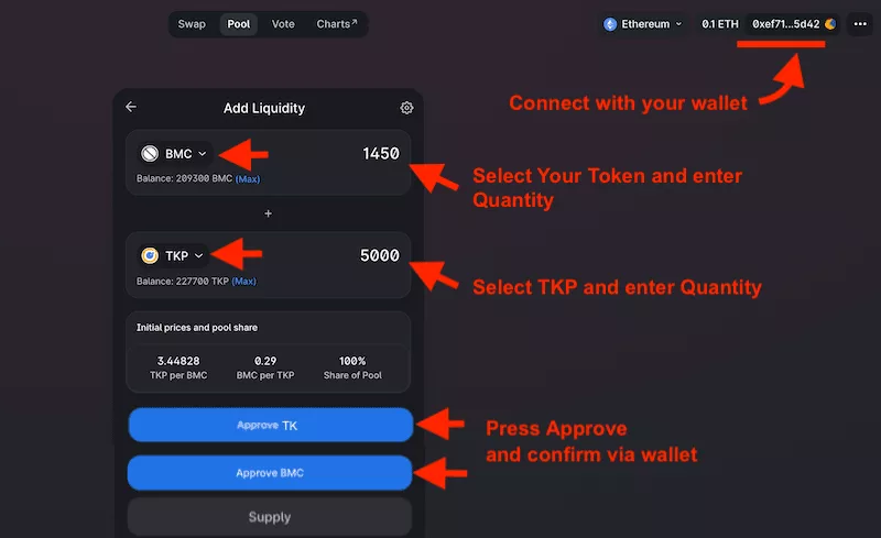 Select tokens and Enter amounts