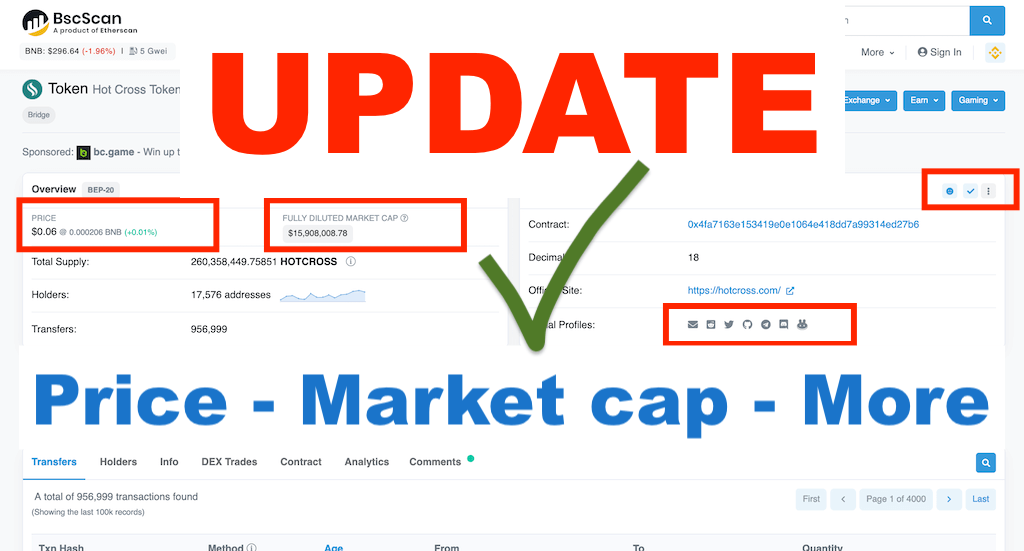 Token Price and Market Cap on BscScan or Etherscan