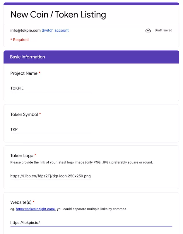 Fill Tokeninsight's form
