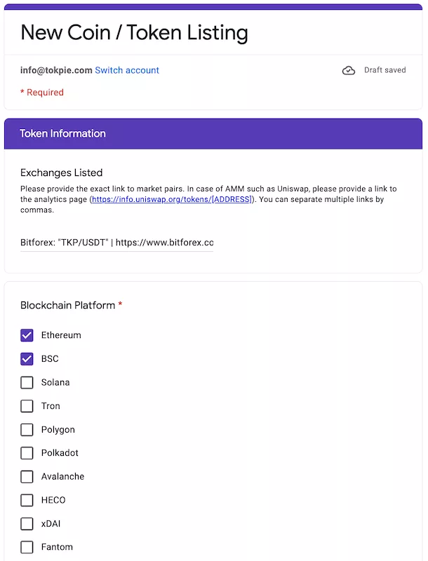 Fill Tokeninsight's form