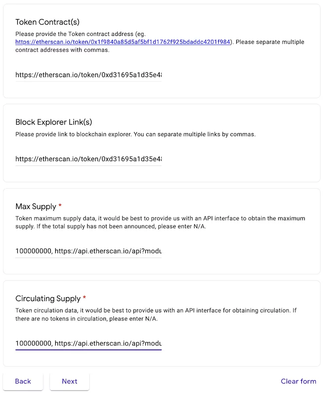 Fill Tokeninsight's form