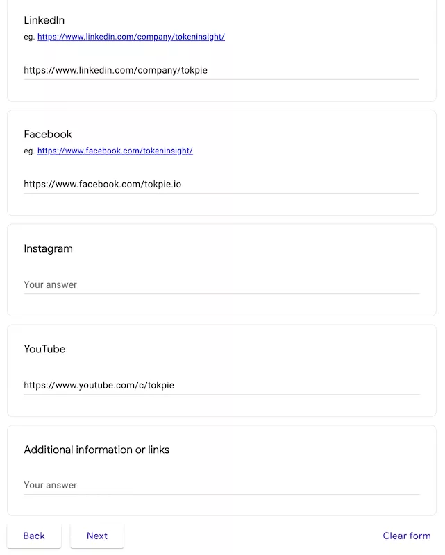 Fill Tokeninsight's form