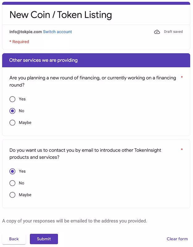 Fill Tokeninsight's form