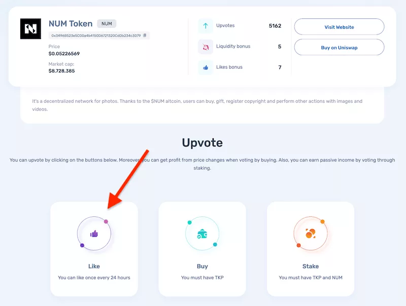 Vote for token by liking, buying, staking
