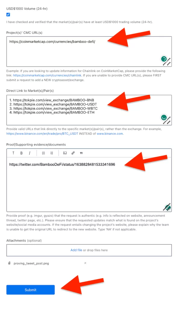 Submission of request for new pair on CoinMarketCap