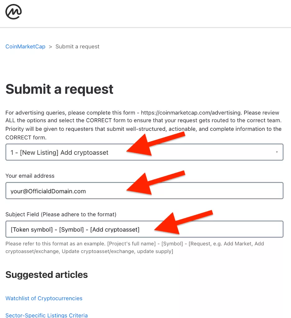 Filling out the form to list token on CoinMarketCap