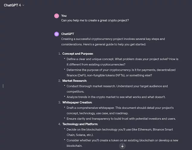 ChatGPT helps to create a great crypto project.