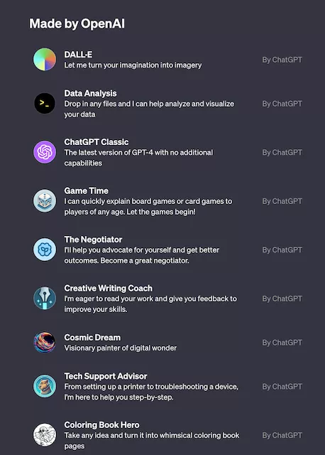 Different GPTs from Open AI.