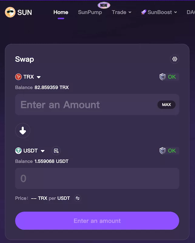 SunSwap interface for swapping