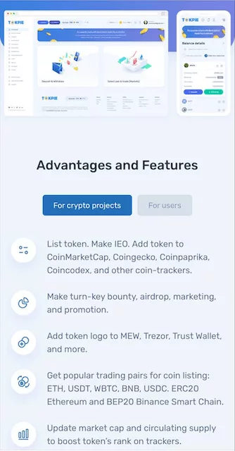 Tokpie centralized crypto exchange features for crypto projects including token listing, marketing, and wallet integration
