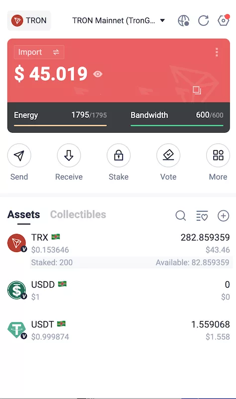 TRON wallet interface showing TRX, USDD, and USDT balances