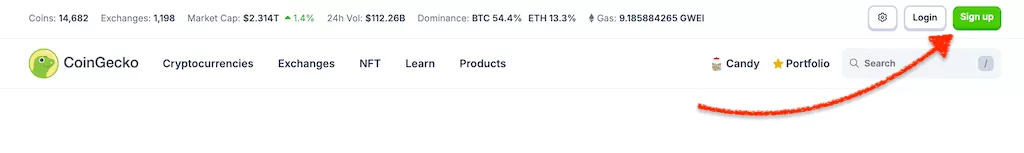 CoinGecko website screenshot showing the login and sign-up buttons.