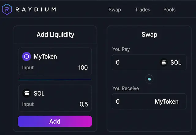Dashboard of Raydium decentralized exchange for solana assets.