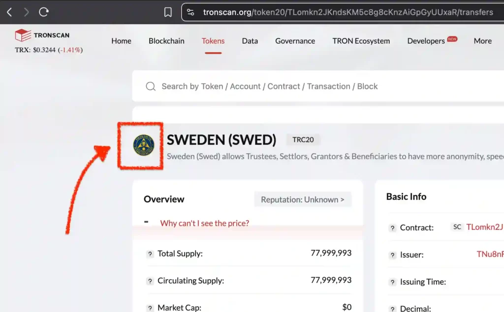 SWEDEN TRC20 token page on TronScan with the token logo highlighted by a red arrow.