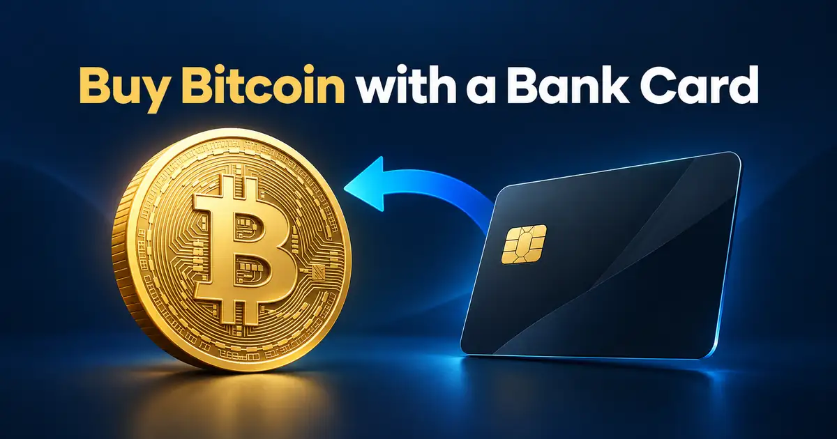 Gold Bitcoin coin and a bank card illustrating how to buy BTC through Tokpie's card purchase page.
