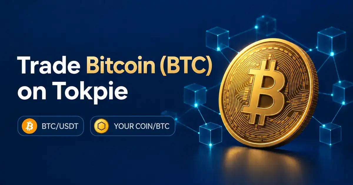 Trade Bitcoin on Tokpie with BTC/USDT and YOUR COIN/BTC pair options beside a gold Bitcoin coin.